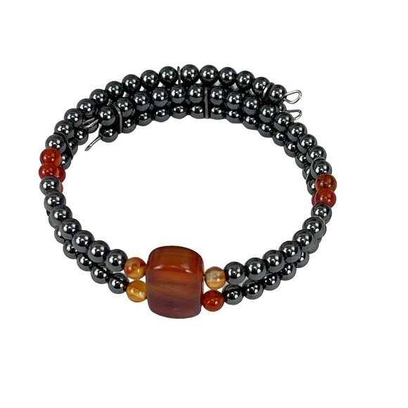 Hematite & Carnelian Beaded Stretch Bracelet With Central Gemstone Accent - Picture 2 of 8